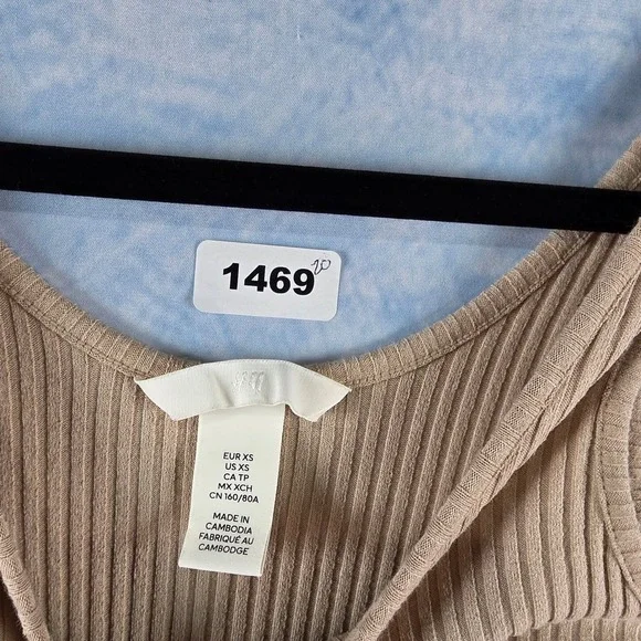 HM Ribbed Knit Midi Dress Tan Beige Sleeveless Bodycon Scoop Neck XS - Picture 2 of 8